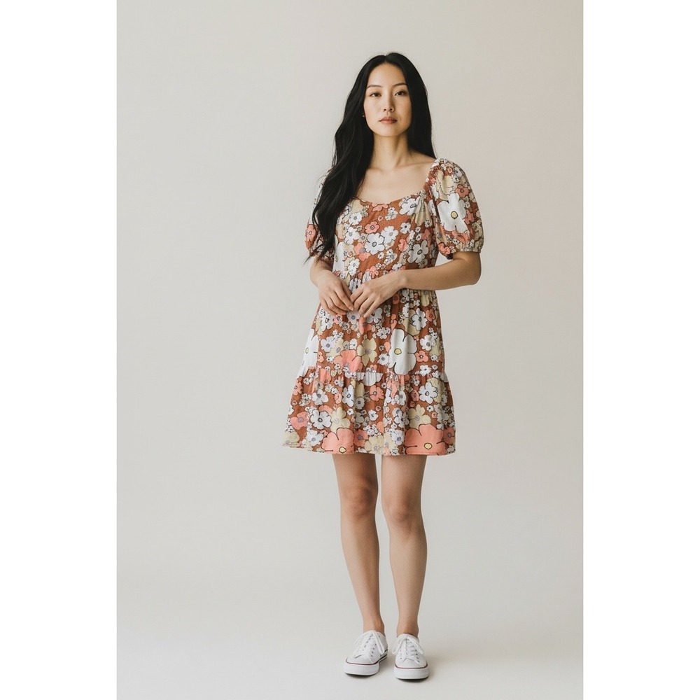 Jodifl Retro Floral Tiered Mini Dress Puff Sleeve Terracotta B20981-1 Small